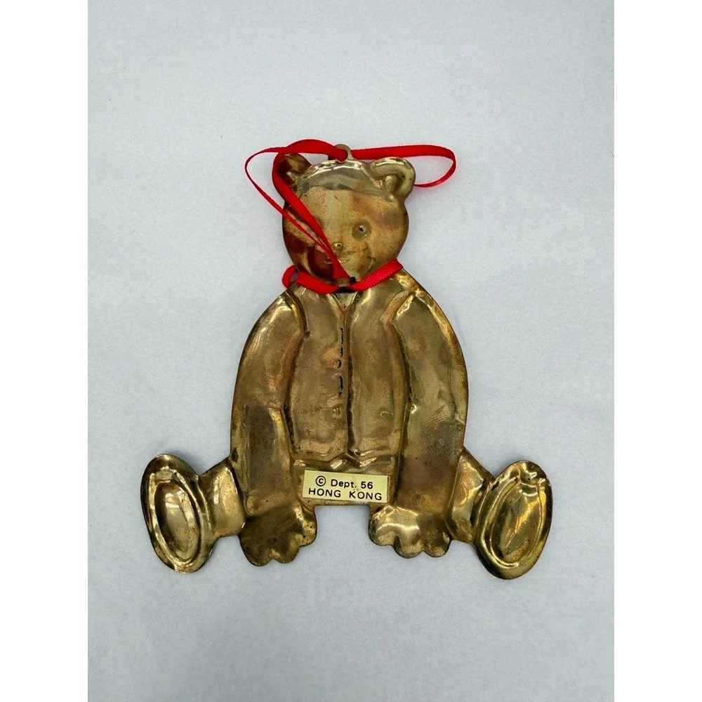 Dept 56 Teddy Bear Shaped Ornaments Brass Vintage Set 3 Holiday Hong Kong Retro